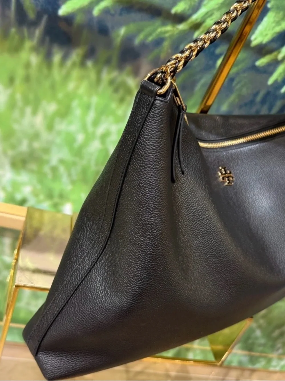 Tory Burch Black Pebbled Leather Shoulder Bag with Gold Chain Strap